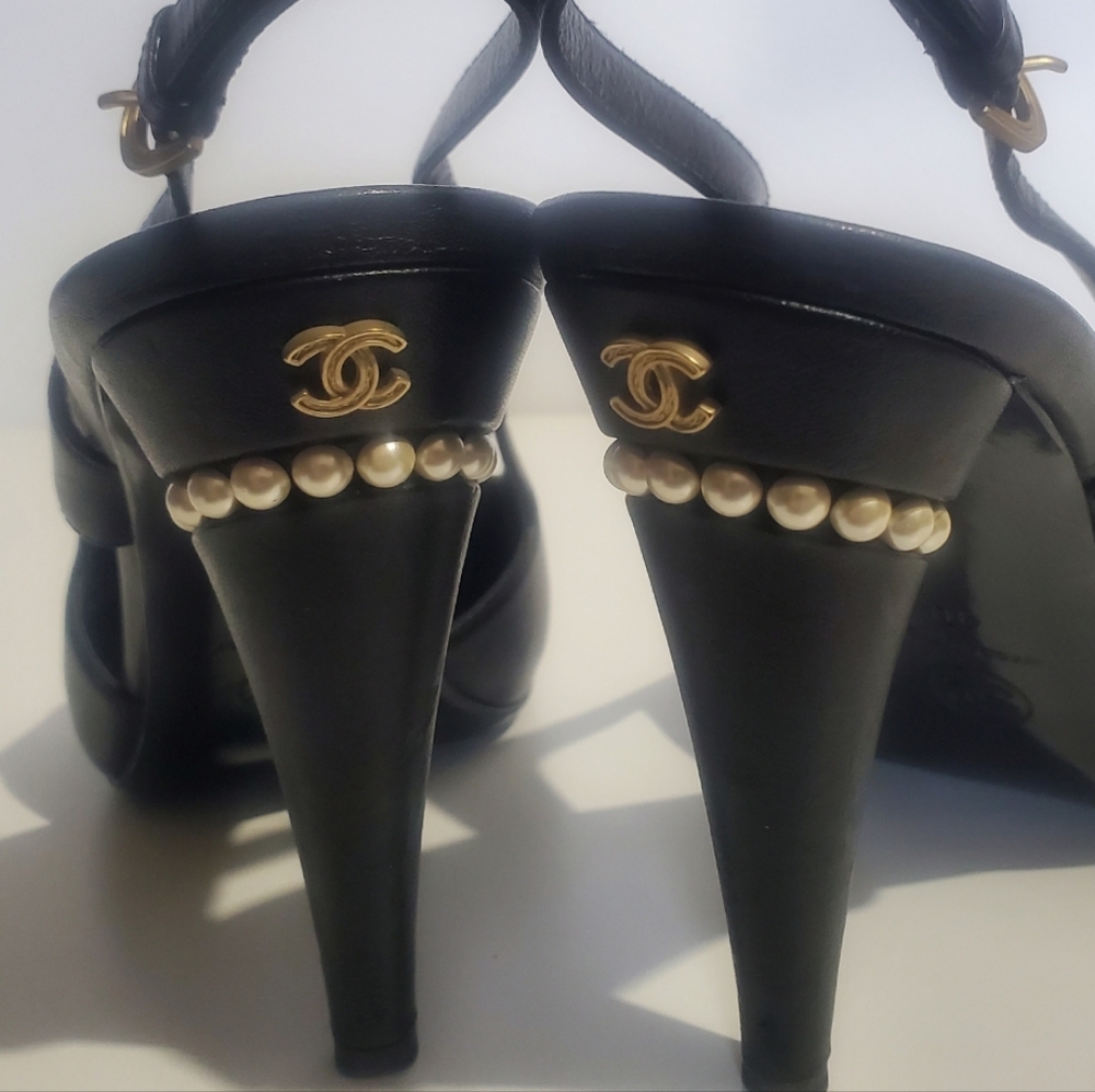 Chanel Black Women's Heels with Pearl Detail